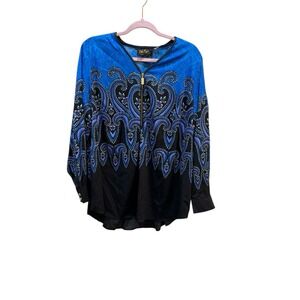 Bob Mackie Top Womens Size 1X Blue Wearable Art Paisley Zip Neck Artsy To‎ Wear